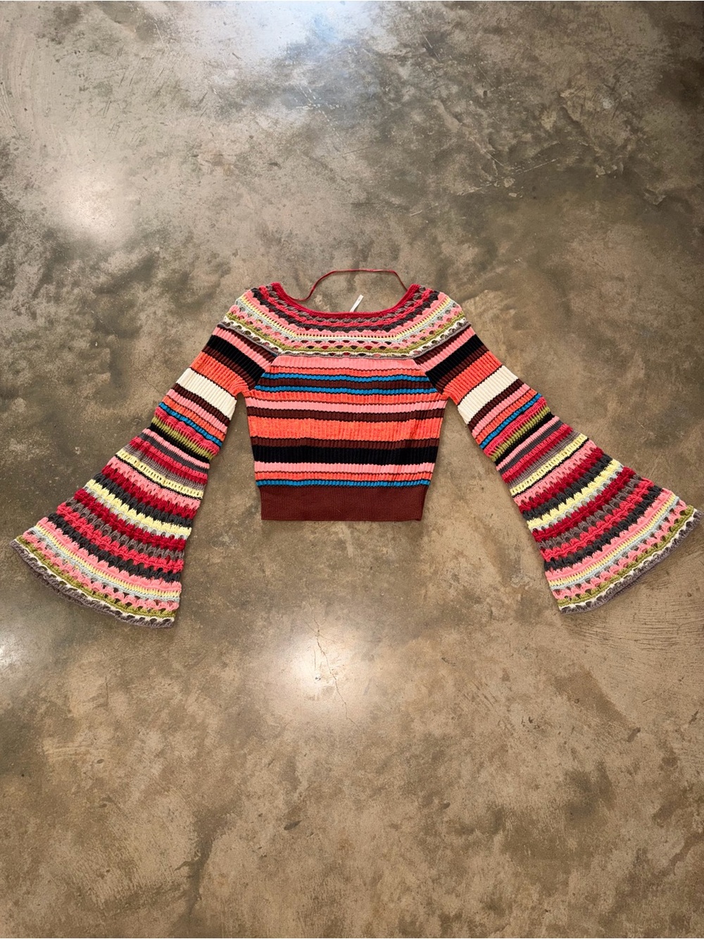 Free People Crochet Bell Sleeve Crop Sweater XS Boho Festival Stripe - Picture 7 of 9